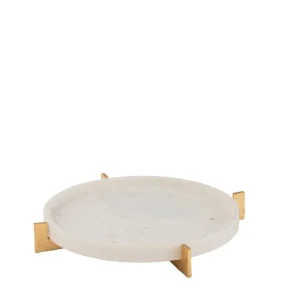 Plateau Rond Marbre Blanc et Pieds Dorés