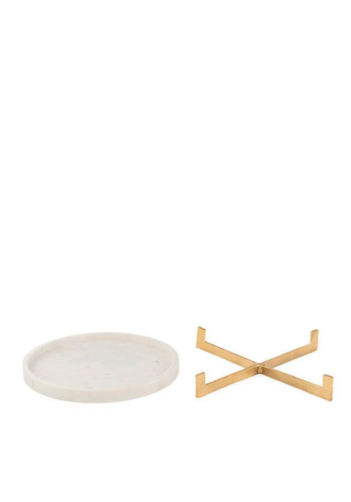 Plateau Rond Marbre Blanc et Pieds Dorés