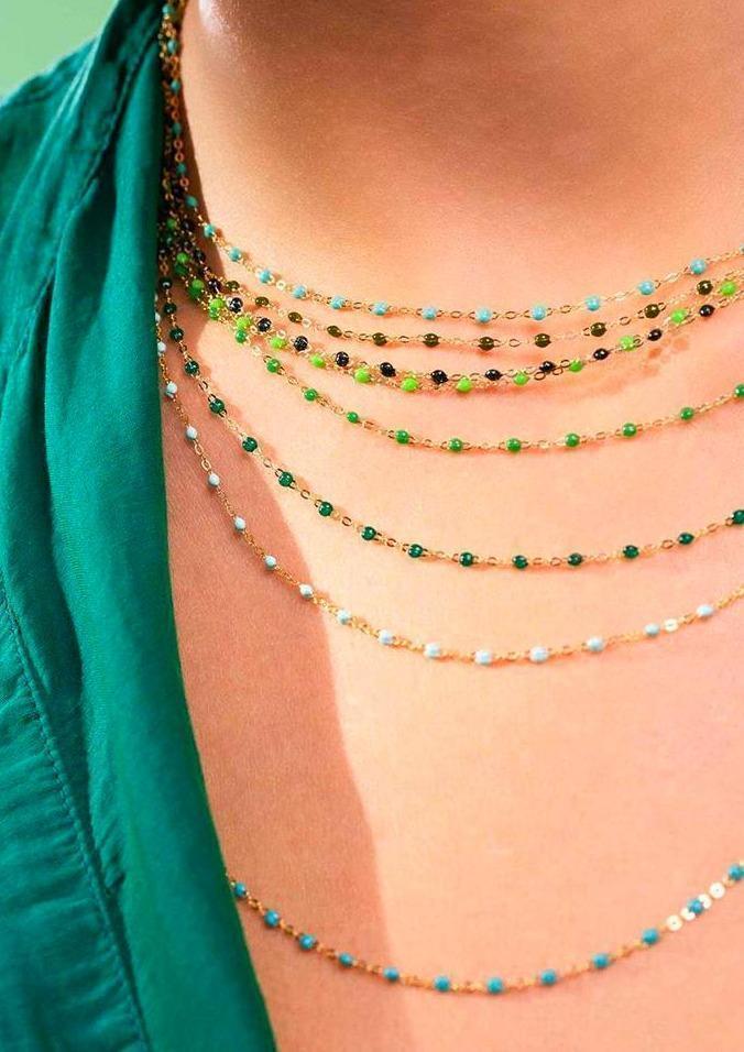 Collier Classique Gigi Or Rose Et Résines Émeraude 42cm